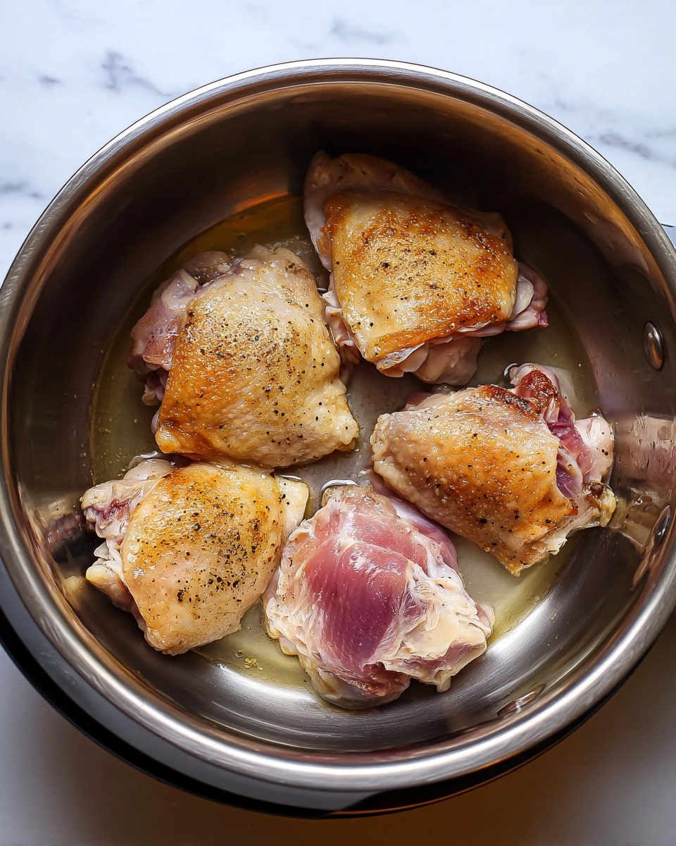 Inside a shiny silver pot on a white marbled surface, there are five pieces of chicken thighs being cooked. Three pieces have golden brown, crispy skin facing upwards, lightly seasoned with black pepper, while two pieces show pink raw skin with visible bones and fat. The chicken pieces lie directly on the metal surface with some light oil around them. The overall look is simple and rustic, showing the start of a cooking process. photo taken with an iphone --ar 4:5 --v 7