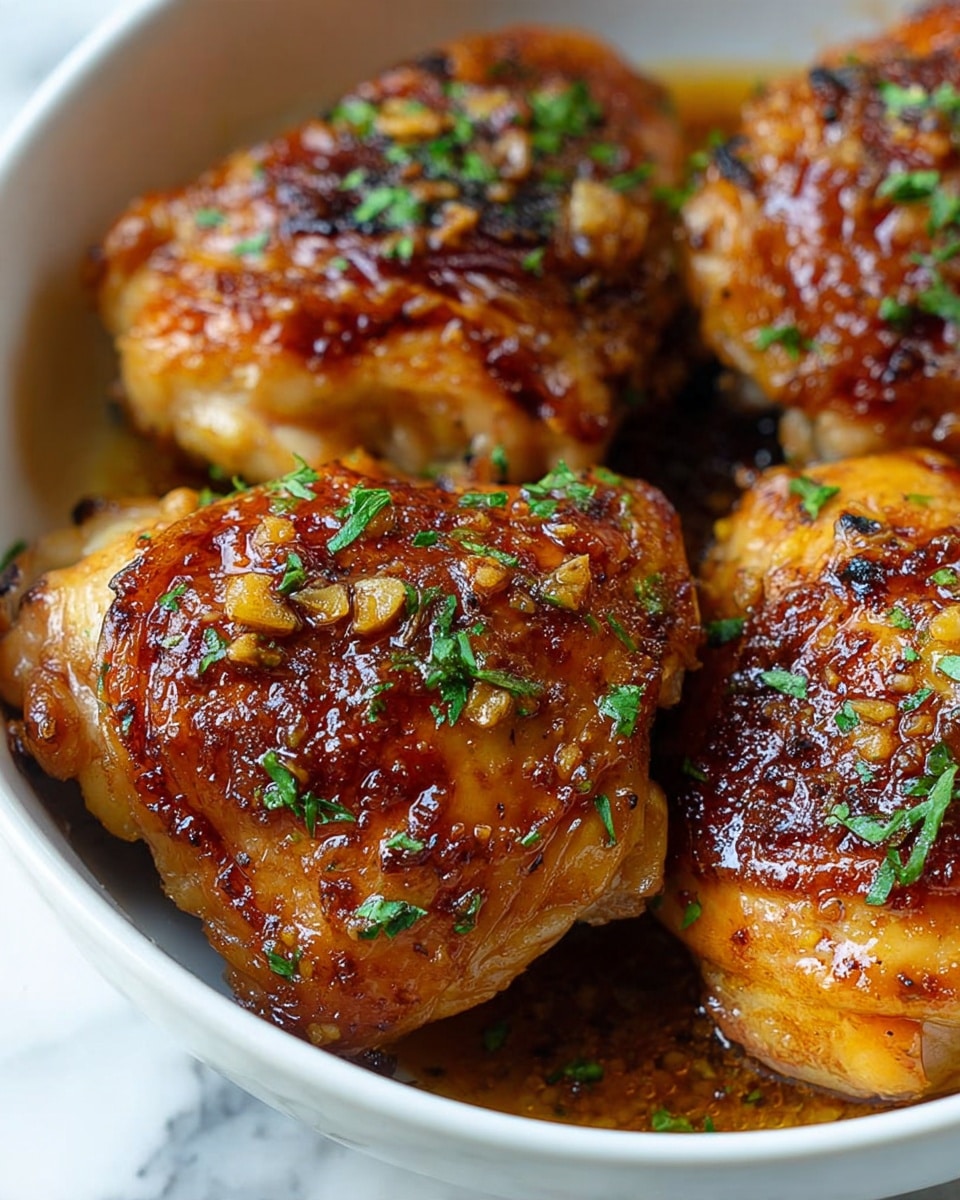 The image shows four pieces of golden-brown cooked chicken in a white bowl. Each piece has a crispy, shiny skin with a glaze that looks sticky and rich. Small bits of chopped garlic or seasoning are visible on top, along with fresh green herbs sprinkled over the chicken. The chicken pieces are close together, filling the bowl, and the background is softly blurred, focusing attention on the texture and color of the chicken. The surface beneath the bowl has a white marbled texture. photo taken with an iphone --ar 4:5 --v 7