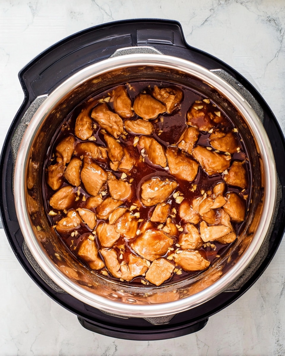 Inside a stainless steel inner pot of an instant pot, there are many pieces of small light brown chicken chunks layered evenly, all soaked in a dark brown shiny sauce. The sauce has a smooth texture with tiny bits of garlic visible, shining under the light. This pot sits on top of a white marbled surface, and the image is taken from above showing the whole round shape of the stainless steel pot and part of the instant pot’s black and silver edges. photo taken with an iphone --ar 4:5 --v 7