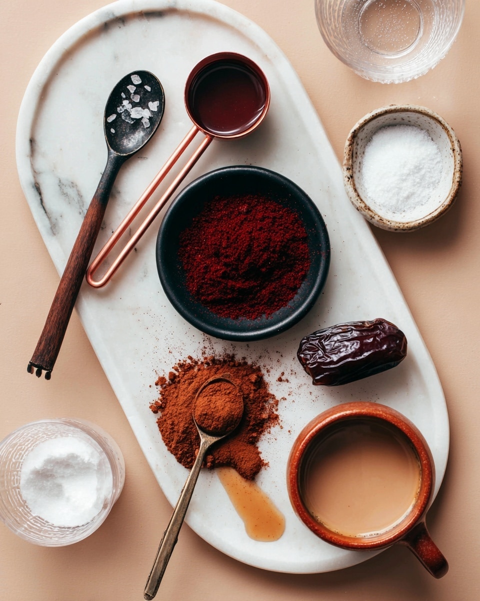 A white oval plate on a white marbled background holds several ingredients and spoons. In the center is a small black bowl filled with dark red powder. Above it is a copper measuring spoon with a wooden handle, filled with a dark liquid. To the left is a black spoon with coarse salt, and below it rests a white spoon with a brown powder, some of which has spilled onto the plate. To the right of the black bowl is a dark brown date. At the bottom right of the plate is a brown clay cup filled with a light beige liquid, with a small drip on the side. Around the plate are small white bowls with white powders and a clear glass of water. photo taken with an iphone --ar 4:5 --v 7