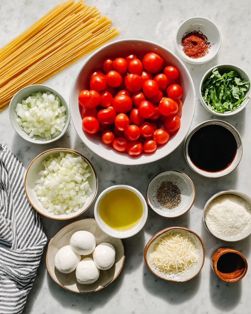 A flat lay of various ingredients arranged neatly on a white marbled surface, featuring a large white bowl filled with bright red cherry tomatoes in the center, surrounded by smaller white bowls containing chopped white onions, fresh green basil, minced garlic, and two white balls of mozzarella cheese on a white plate with a thin brown edge. Additional items include a small white bowl of yellow olive oil, a small brown bowl with a mix of black pepper and salt, grated Parmesan cheese in a white bowl, a small dark cup of balsamic vinegar, and uncooked long spaghetti strands laid out flat. A striped kitchen towel is visible on the left side of the image, and a woman's hand is reaching from the left side toward the ingredients. The natural light highlights the vibrant colors and fresh textures of the ingredients. photo taken with an iphone --ar 4:5 --v 7