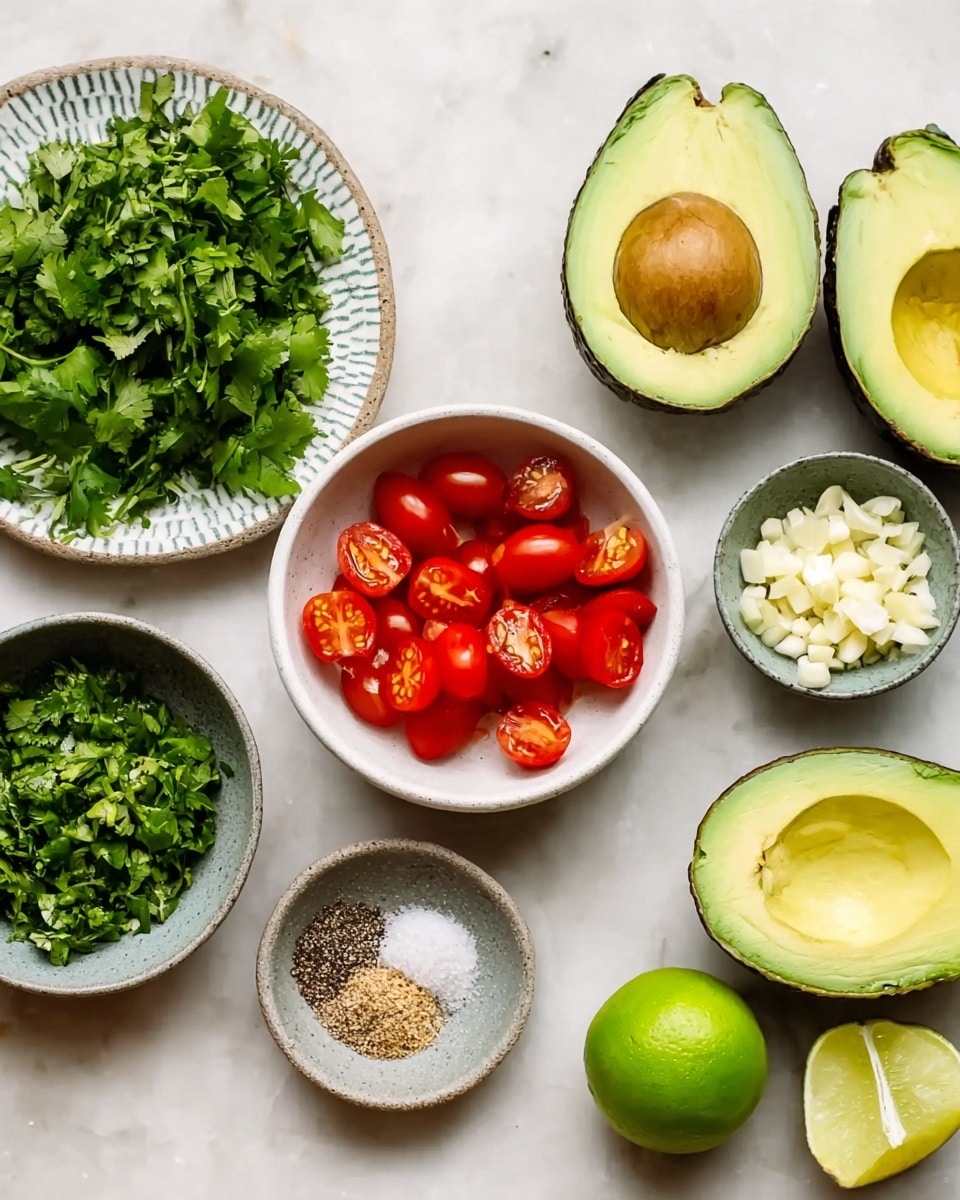 The image shows fresh ingredients neatly arranged on a white marbled surface. There are three halved avocados with bright green flesh and smooth texture, two small white bowls filled with chopped cilantro and halved cherry tomatoes that are shiny and red. Another small gray bowl contains a halved lime and a whole lime, both bright green. There is also a small gray bowl with finely chopped white garlic, and a small patterned white plate with a mix of salt, black pepper, and ground spices. All items are spaced evenly and presented clearly. photo taken with an iphone --ar 4:5 --v 7