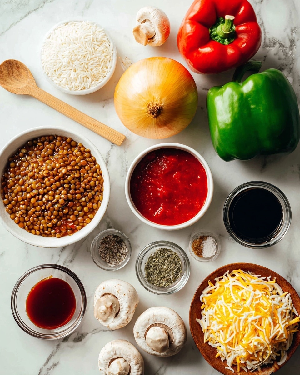 A collection of fresh ingredients arranged on a white marbled surface, including a large yellow onion, a green bell pepper, a red bell pepper, and several brown mushrooms scattered around. A wooden spoon with uncooked white rice is positioned on the left side. A small white bowl filled with cooked lentils sits centrally, surrounded by small glass bowls containing various sauces and spices red tomato sauce, a dark soy-like sauce, and dried herbs in one bowl. At the bottom, a wooden bowl holds shredded yellow and white cheese. The overall setting is bright and neat, displaying each ingredient clearly, photo taken with an iphone --ar 4:5 --v 7