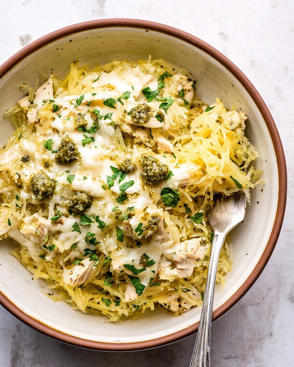 The dish is served in a deep white bowl with a brown rim on a white marbled surface. It has three main layers: the bottom layer is shredded pale yellow spaghetti squash, soft and stringy; the middle layer consists of small pieces of light-colored cooked chicken mixed evenly throughout; the top layer is melted white cheese scattered with small dollops of green pesto and sprinkled with fresh chopped green herbs. A metal fork is resting partially inside the bowl, holding some of the spaghetti squash and chicken. Photo taken with an iphone --ar 4:5 --v 7
