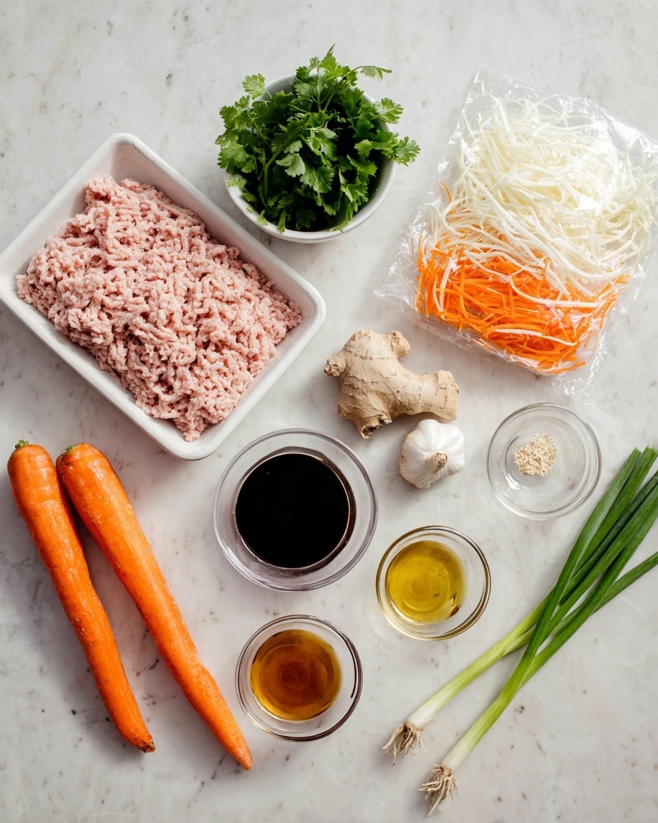 The image shows several raw ingredients arranged on a white marbled surface. There is a white tray with light pink ground meat in the top left, next to a small white bowl filled with green fresh cilantro leaves. To the right, a clear plastic bag contains shredded white and orange vegetables. Two whole bright orange carrots lay diagonally near the bottom left, along with a chunk of light brown ginger and three garlic cloves on a small white round dish. Various glass bowls hold dark soy sauce, light golden oil, and a brownish dipping sauce. Three green spring onions lie horizontally at the bottom right. photo taken with an iphone --ar 4:5 --v 7