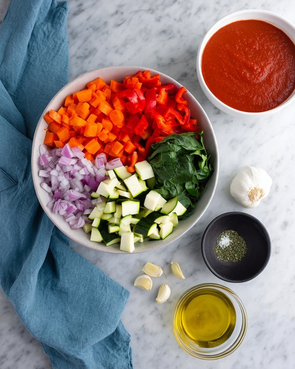 A white round bowl contains five separate piles of chopped vegetables: bright red bell peppers, orange carrots, green spinach leaves, green and white zucchini pieces, and purple onion pieces, all neatly arranged around the bowl. To the right of this bowl is a white bowl filled with smooth, rich red tomato sauce. Near the tomato sauce, there is a small black bowl with dried green herbs and a pinch of salt. Below these, there are three garlic cloves and a small clear bowl with golden olive oil placed on a white marbled surface. A soft blue cloth is casually draped in the background. Photo taken with an iphone --ar 4:5 --v 7