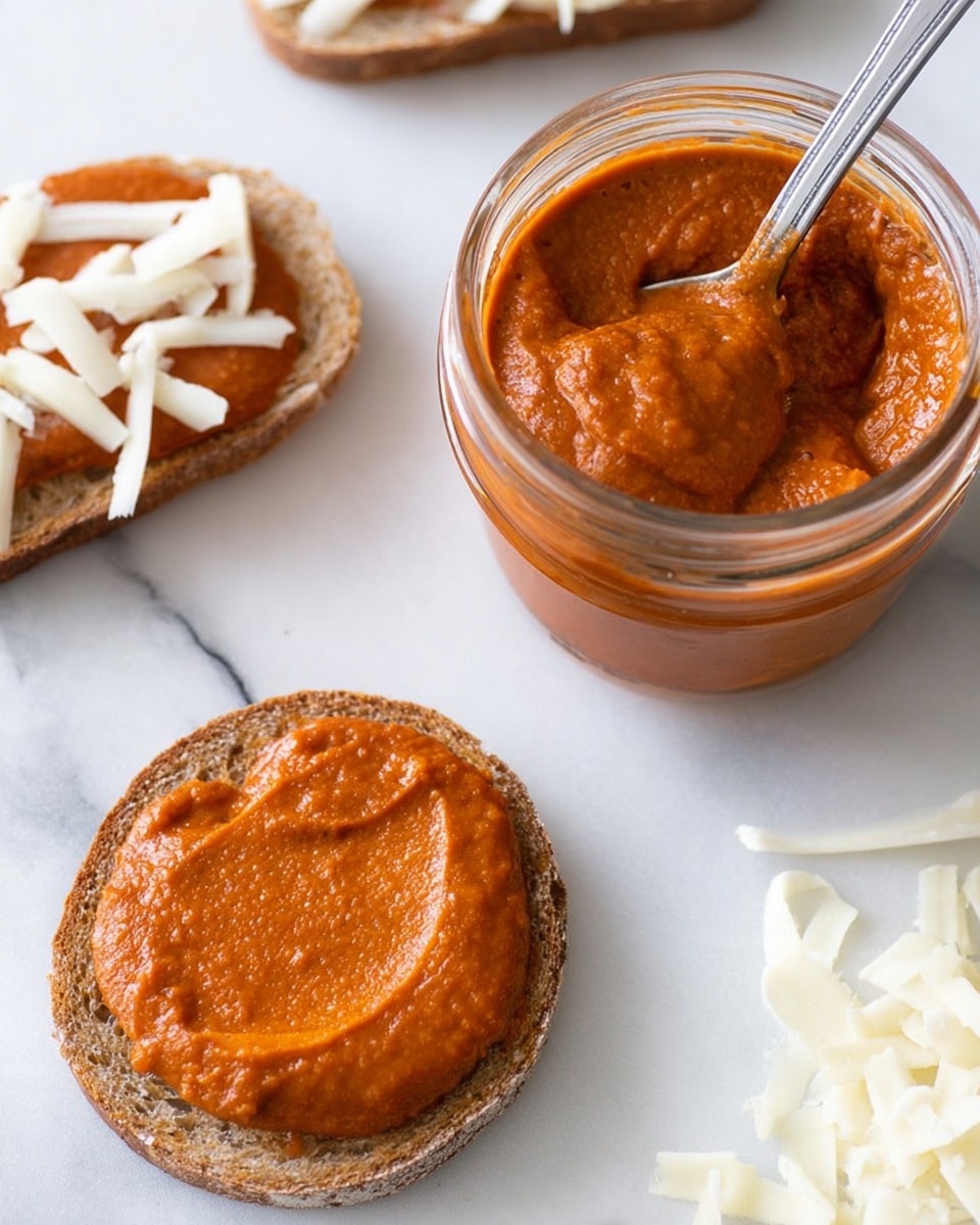 A close-up image shows a jar filled with smooth, bright reddish-orange sauce with a thick texture on a white marbled surface. In front of the jar, a round slice of brown bread has a generous layer of the same sauce being spread on it by a spoon. To the upper left, another bread slice is placed with a layer of sauce and topped with a few white shredded cheese pieces. To the lower right side of the image, there is a small pile of white shredded cheese scattered on the white marbled surface. photo taken with an iphone --ar 4:5 --v 7