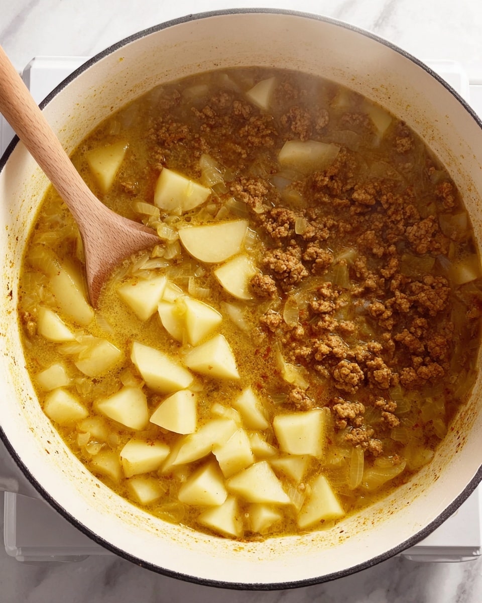 A close-up view inside a large white pot shows a thick stew with three main layers: a bottom layer of simmering golden-brown liquid broth, a middle layer of soft, pale yellow potato chunks scattered evenly, and a top layer of crumbled browned ground meat mixed gently with translucent cooked onions. A wooden spoon with a smooth light brown handle rests at the lower left edge inside the pot. The pot is placed on a stove but the surface around it is a white marbled texture, adding brightness to the image. The stew looks warm and simmering slowly with some steam rising. photo taken with an iphone --ar 4:5 --v 7