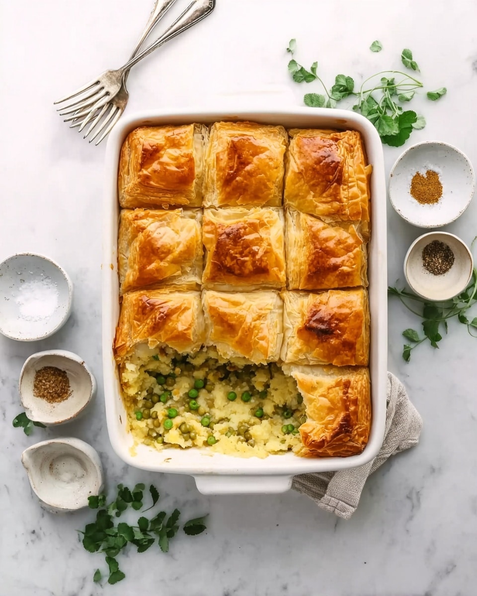 A white square baking dish holds a layered dish with a top of golden brown, flaky puff pastry crust, divided into nine square portions. One portion is pulled out slightly, revealing a dense filling underneath made mostly of small green peas mixed with soft, light yellow mashed potatoes or similar, showing some creamy texture and small bits of herbs. The dish is set on a white marbled surface, with some scattered fresh green herbs and three small white dishes nearby, two with spices and one with salt. Two silver forks lie above the dish, next to the herbs. Photo taken with an iphone --ar 4:5 --v 7