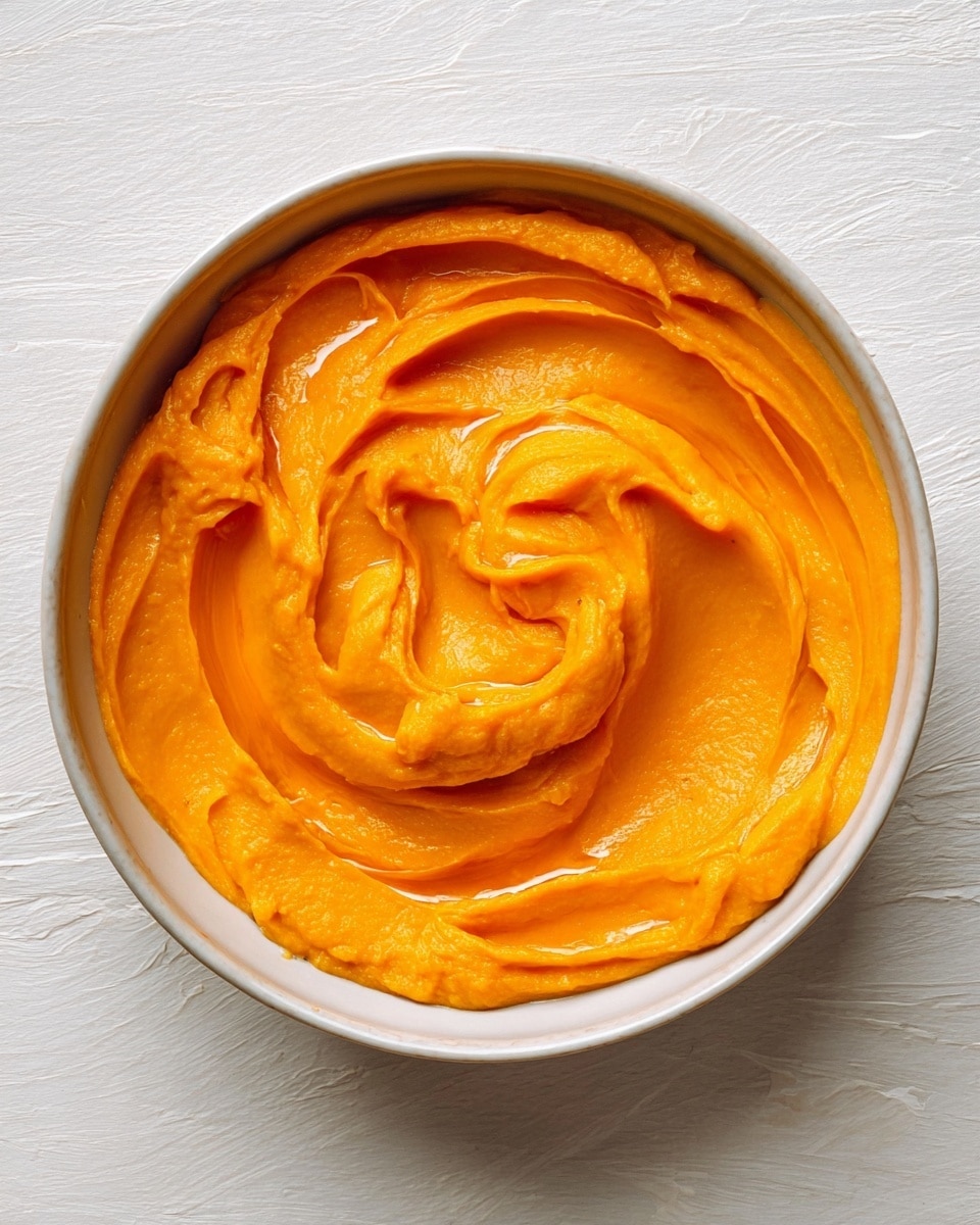 A round bowl filled with a smooth, bright orange puree that is spread in swirling layers from the outer edge toward the center, showing a creamy texture with slight peaks and a shiny surface suggesting a drizzle of oil on top, placed on a white marbled surface photo taken with an iphone --ar 4:5 --v 7