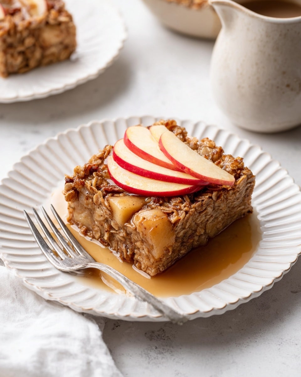 A single thick rectangular slice of baked oatmeal rests on a white scalloped plate. The oatmeal is textured with visible chunks of oats and pieces of apple, baked to a warm brown with a slightly crisp edge. On top, three thin, fresh apple slices with red skin sit neatly stacked, adding a fresh, smooth layer. The oatmeal sits in a shallow pool of light brown syrup that softly glistens around the base. A silver fork lies to the left side of the plate on the white marbled surface. In the background, part of another plate with oatmeal and a creamy ceramic pitcher can be seen, also set on the white marbled texture. Photo taken with an iphone --ar 4:5 --v 7