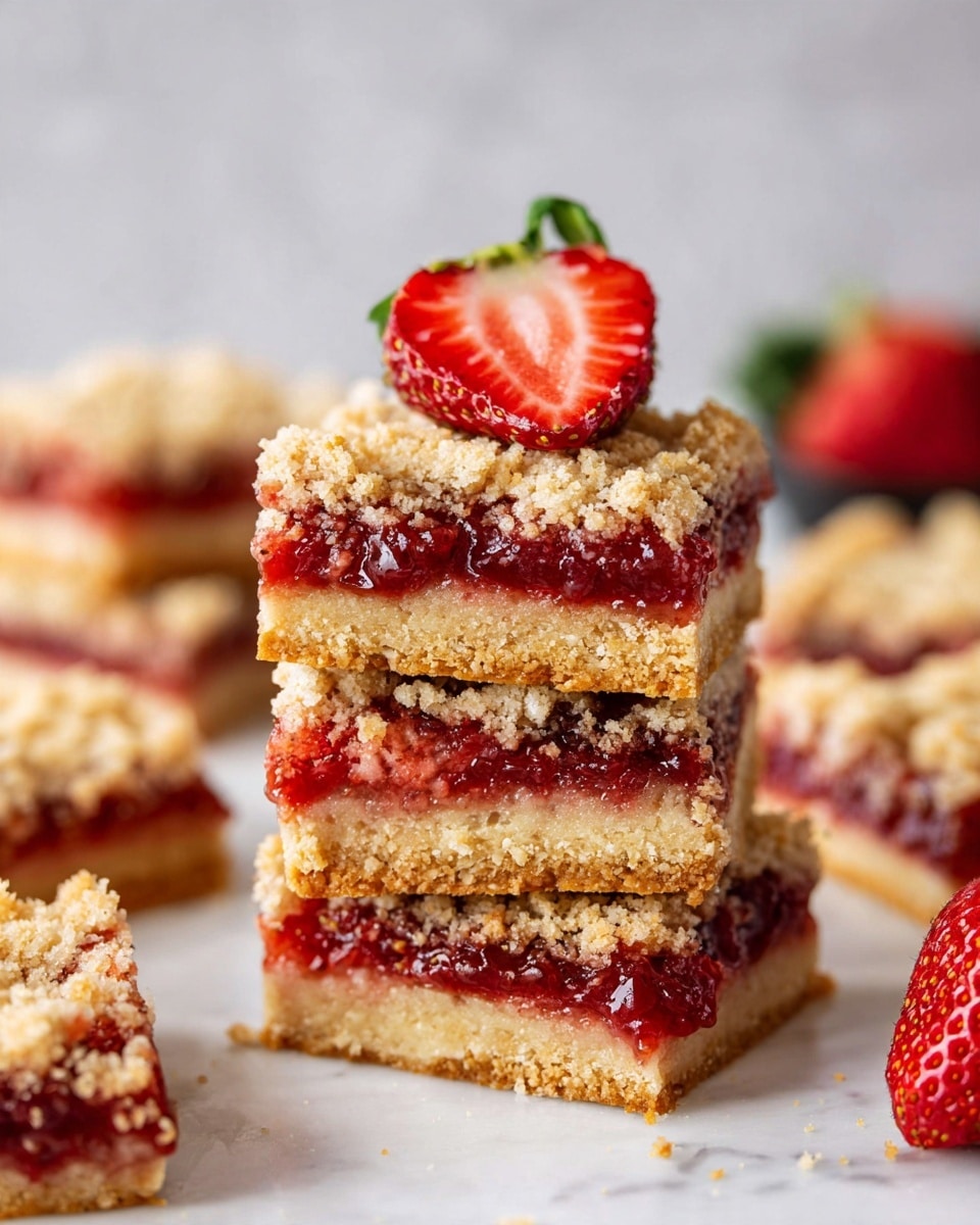 A stack of three layered strawberry bars sits on a white marbled surface, each bar showing three layers: a golden crumbly base, a bright red glossy strawberry jam middle with bits of fruit, and a light brown crumb topping with a coarse texture. A fresh halved strawberry with a green stem rests on top of the stack, showing its red and white flesh. Around the stack, more strawberry bars with the same layers are spread out, some topped with more strawberry jam and crumb. In the background, there is a whole and a halved strawberry, all on the white marbled surface. photo taken with an iphone --ar 4:5 --v 7