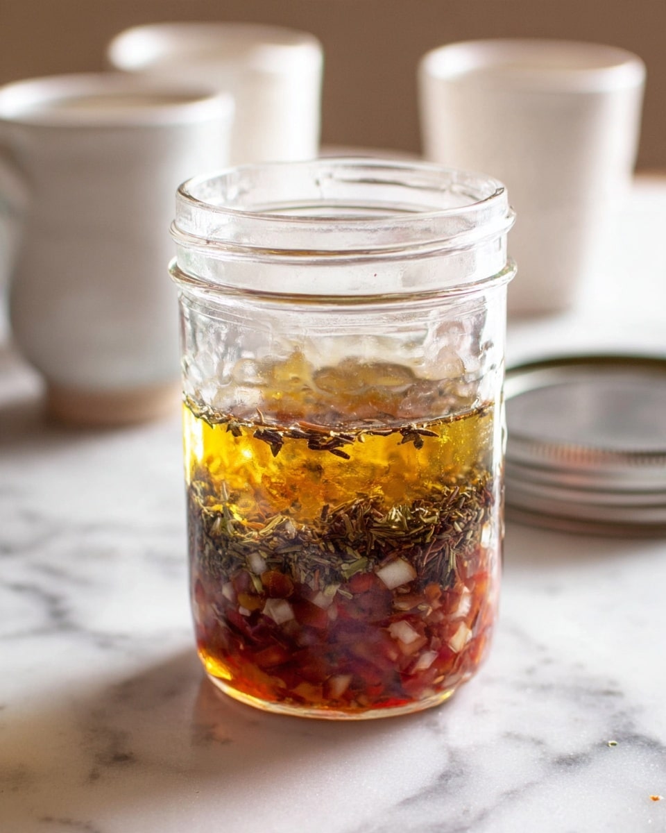 A clear jar filled with three visible layers sits on a white marbled surface; the bottom layer is a chunky mix of small, diced red and white pieces giving a thick, textured appearance, the middle layer is a shiny, golden yellow liquid with a smooth texture, and the top layer features a sprinkling of dried herbs in dark brown and green hues, scattered unevenly. The jar is surrounded by blurred white ceramic cups and a round metal lid in the background. Photo taken with an iphone --ar 4:5 --v 7