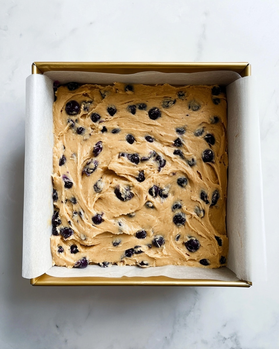 A square gold baking pan lined with white parchment paper holds a thick layer of light brown dough mixed with dark blueberries evenly spread out. The dough texture is soft and slightly uneven on the surface, showing swirls and ridges where it has been smoothed out. The pan rests on a white marbled surface with no other items around. photo taken with an iphone --ar 4:5 --v 7