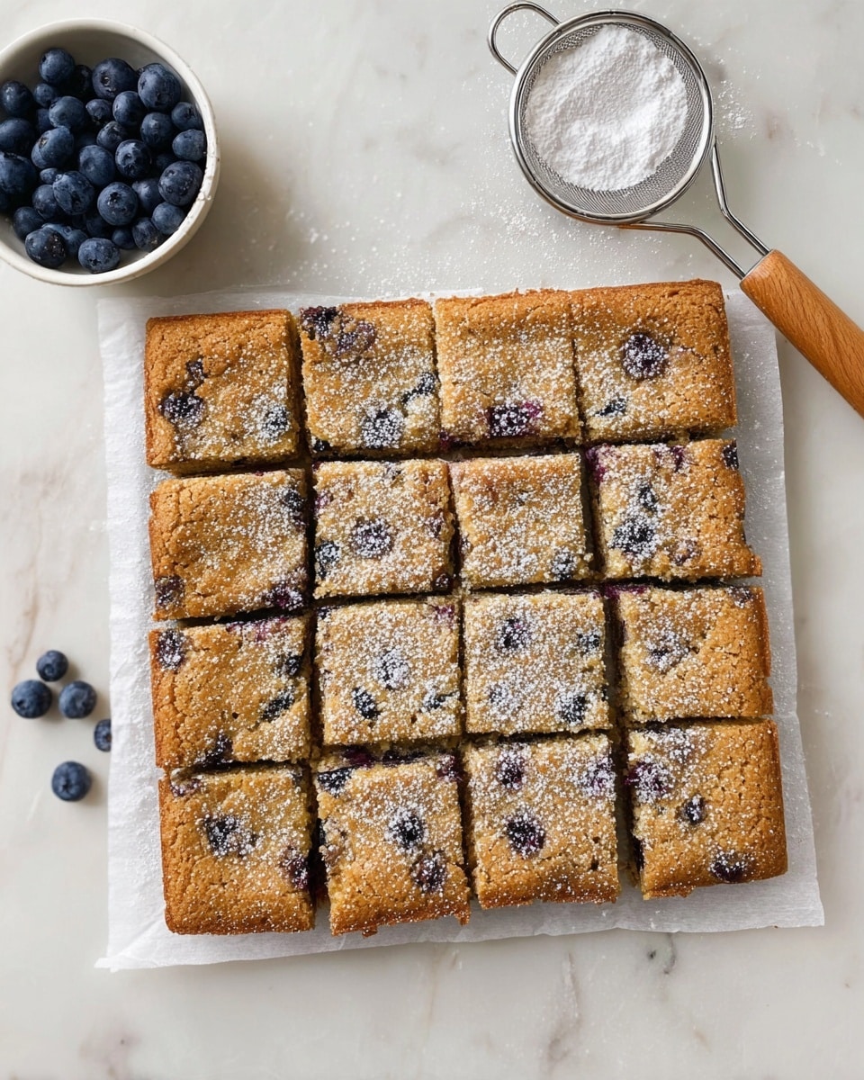 A square baking tray with 16 evenly cut squares of golden-brown crumbly dessert, showing visible dark blueberries spread inside. The top is dusted lightly with white powdered sugar, giving a fine speckled look. The dessert rests on white parchment paper over a white marbled surface. To the left, there's a small white bowl filled with fresh dark blueberries, and on the right, a metal sieve with white powdered sugar and a wooden handle is placed nearby. photo taken with an iphone --ar 4:5 --v 7