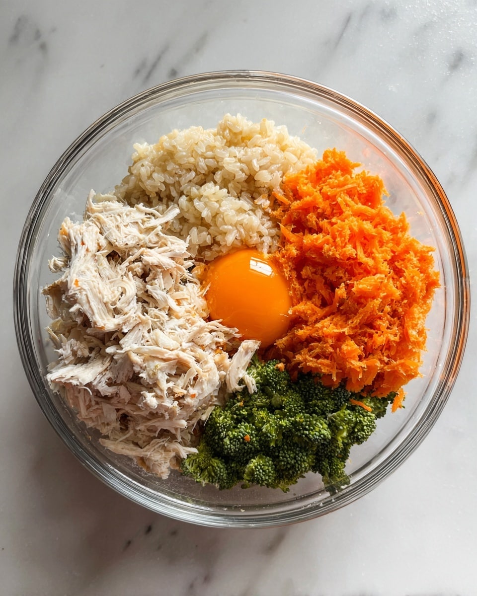 A clear glass bowl holds four distinct layers of ingredients evenly spaced apart. At the bottom left, there is a layer of shredded pale white shredded chicken with a soft texture. Above that, there is a pile of cooked beige rice. Centered on top, there is a bright orange layer of finely grated carrots with a slightly coarse texture. To the right of the carrots, there is a raw egg yolk with a glossy, smooth, and round surface. Below the egg yolk, on the right side of the bowl, there are small green broccoli florets with a textured surface. The bowl rests on a white marbled surface. Photo taken with an iphone --ar 4:5 --v 7