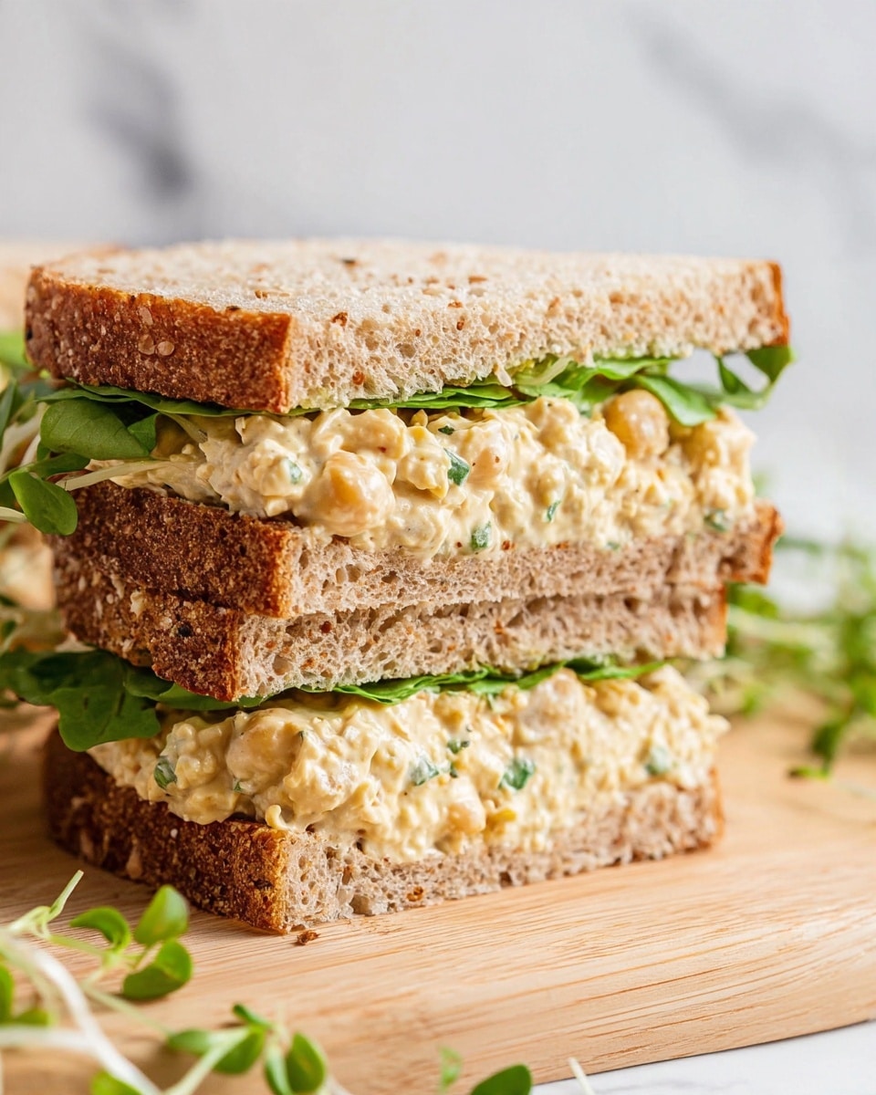 A close-up view of a sandwich made of two thick slices of light brown whole grain bread with a rough texture and visible grains. Between the slices, there are two thick layers of creamy, light beige chickpea salad mixed with small green and white bits, adding texture and freshness. Small, bright green lettuce leaves peek out from the sandwich layers, adding crispness and color contrast. The sandwich is cut diagonally and stacked on a light wooden board with a few small green sprouts scattered around. The background is a white marbled texture, and the photo is taken with an iphone --ar 4:5 --v 7