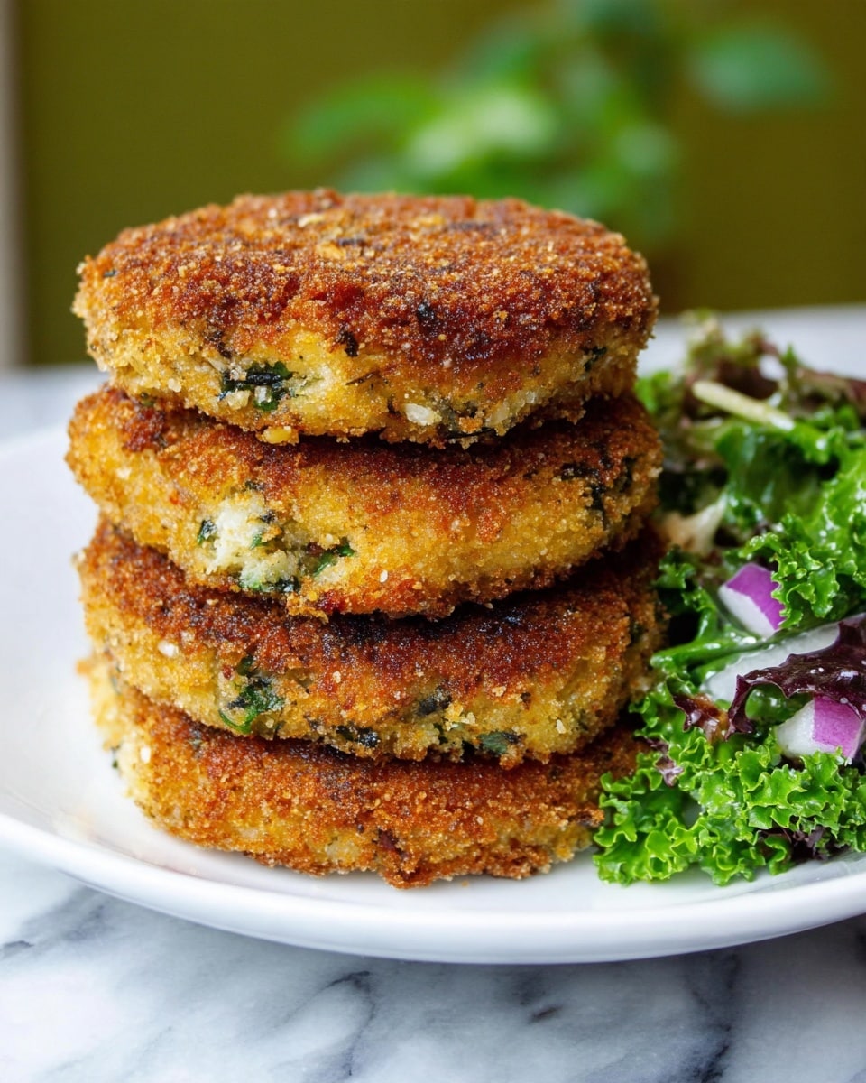 A stack of four golden brown patties with a crispy, crumbly texture, each layer showing bits of green herbs inside, sits on a white plate. The patties are thick and evenly cooked with a crunchy crust. Next to the stack, there is a small pile of fresh, mixed green salad which includes chopped kale and pieces of purple onion, adding bright green and purple colors. The plate is placed on a white marbled surface with a blurred green background. photo taken with an iphone --ar 4:5 --v 7
