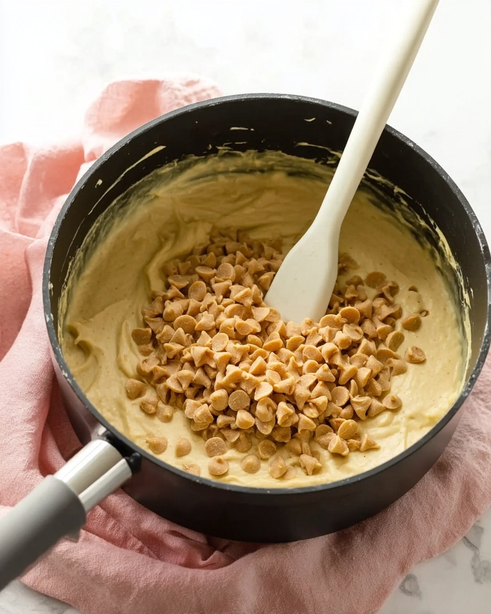 A black pot filled with a thick, creamy mixture that is pale yellow in color. On top of the mixture, there is a large pile of small, tan-colored chips clustered in the center. A white spatula is standing inside the pot, slightly dipped in the mixture. The pot is placed on a white marbled surface with a soft pink cloth blurred in the background. The texture of the mixture is smooth with some chips already mixed in and melting slightly into the cream. Photo taken with an iphone --ar 4:5 --v 7