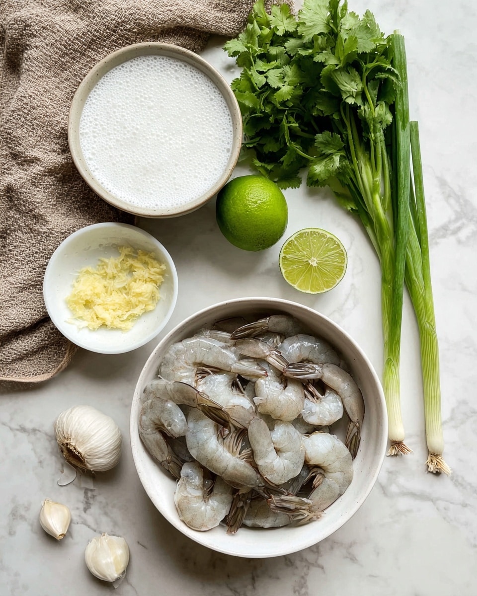 The image shows a white bowl full of raw shrimp with greyish-white bodies and dark tails placed near the bottom right. Above the shrimp bowl, there is a bunch of green cilantro leaves and a bright green lime. To the right of the lime are three fresh green onions with white bulbs and long green stalks. On the left side of the shrimp bowl, there is a small white dish with minced or mashed yellowish garlic, and above it, a larger white bowl filled with thick white coconut milk that has small bubbles on the surface. Two peeled garlic cloves rest below the small dish on a white marbled surface. A beige cloth is partially visible at the top left corner. photo taken with an iphone --ar 4:5 --v 7