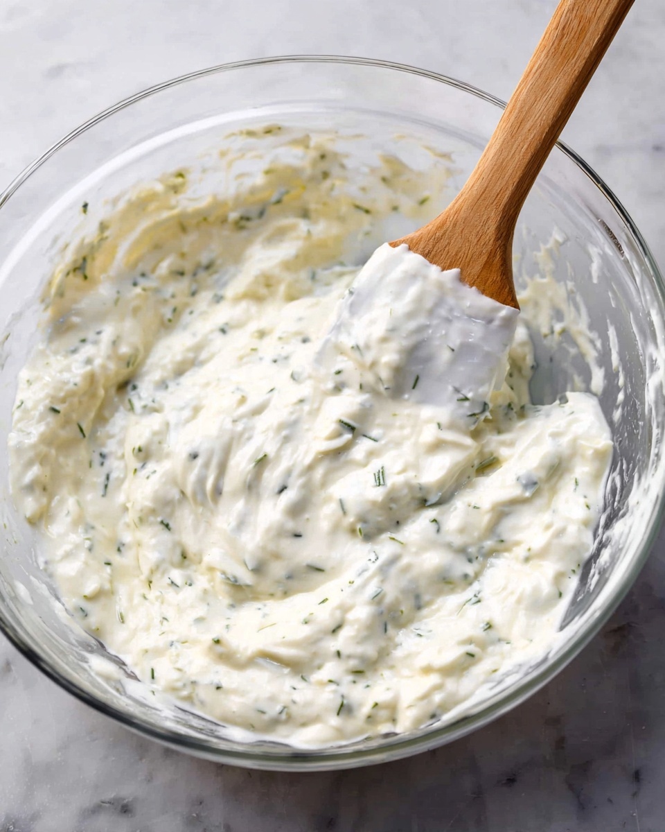 A glass bowl filled with a thick, creamy white mixture that has small green herb bits mixed throughout, giving it a speckled look. A wooden spatula with a white silicone tip is partially covered with the creamy mixture, resting inside the bowl. The bowl is positioned on a surface with a white marbled texture. The creamy mixture looks soft and slightly lumpy, showing a fresh, homemade texture. Photo taken with an iphone --ar 4:5 --v 7