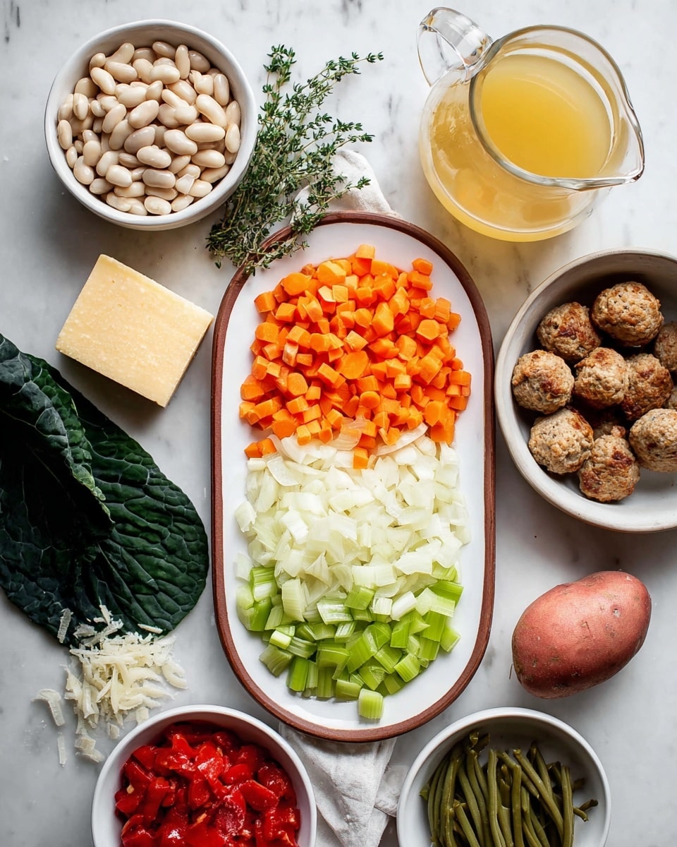 A long white plate with brown edges holds three layers of chopped vegetables: white onions at the top, bright orange carrots in the middle, and pale green celery at the bottom. Around it on a white marbled surface are different bowls and items: a white bowl with several small brown-colored meatballs on the right, a glass pitcher filled with light yellow broth above it, and a sprig of fresh thyme next to the pitcher. On the left side, a bowl of white beans, a large dark green leafy vegetable, a red potato, and a wedge of hard yellow cheese are visible. Below the long plate are three small white bowls containing diced red tomatoes, white grated cheese, and green beans, respectively. photo taken with an iphone --ar 4:5 --v 7