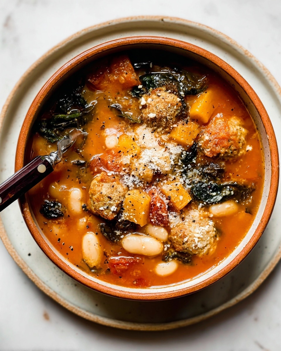 A round bowl with a reddish-brown rim filled with a thick, orange-red soup containing multiple layers of chunky ingredients: large white beans, pieces of orange carrot, dark green leafy vegetables, and golden-brown meatballs sprinkled with grated cheese and black pepper on top. The soup looks hearty and rich with a mix of smooth broth and chunky bits. A knife with a dark brown and silver handle rests inside the bowl on the left side. The bowl sits on a large white plate with a subtle light brown pattern on a white marbled surface. photo taken with an iphone --ar 4:5 --v 7