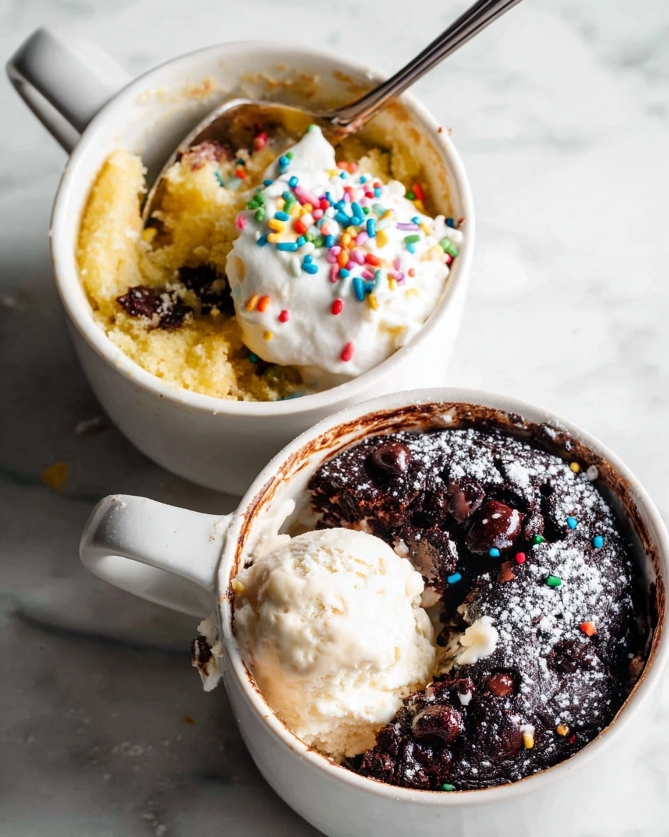 Two white mugs filled with desserts sit on a white marbled surface. The top mug holds a yellowish soft cake with colorful round sprinkles mixed in and a dollop of white whipped cream topped with more sprinkles on the right side. A spoon is scooping into the cake from the left side. The bottom mug contains a dark, moist chocolate cake with melted chocolate spots visible and a dusting of powdered sugar on top. There is a scoop of creamy white ice cream melting over the chocolate on the upper left side with a spoon resting on the right side inside the mug. photo taken with an iphone --ar 4:5 --v 7