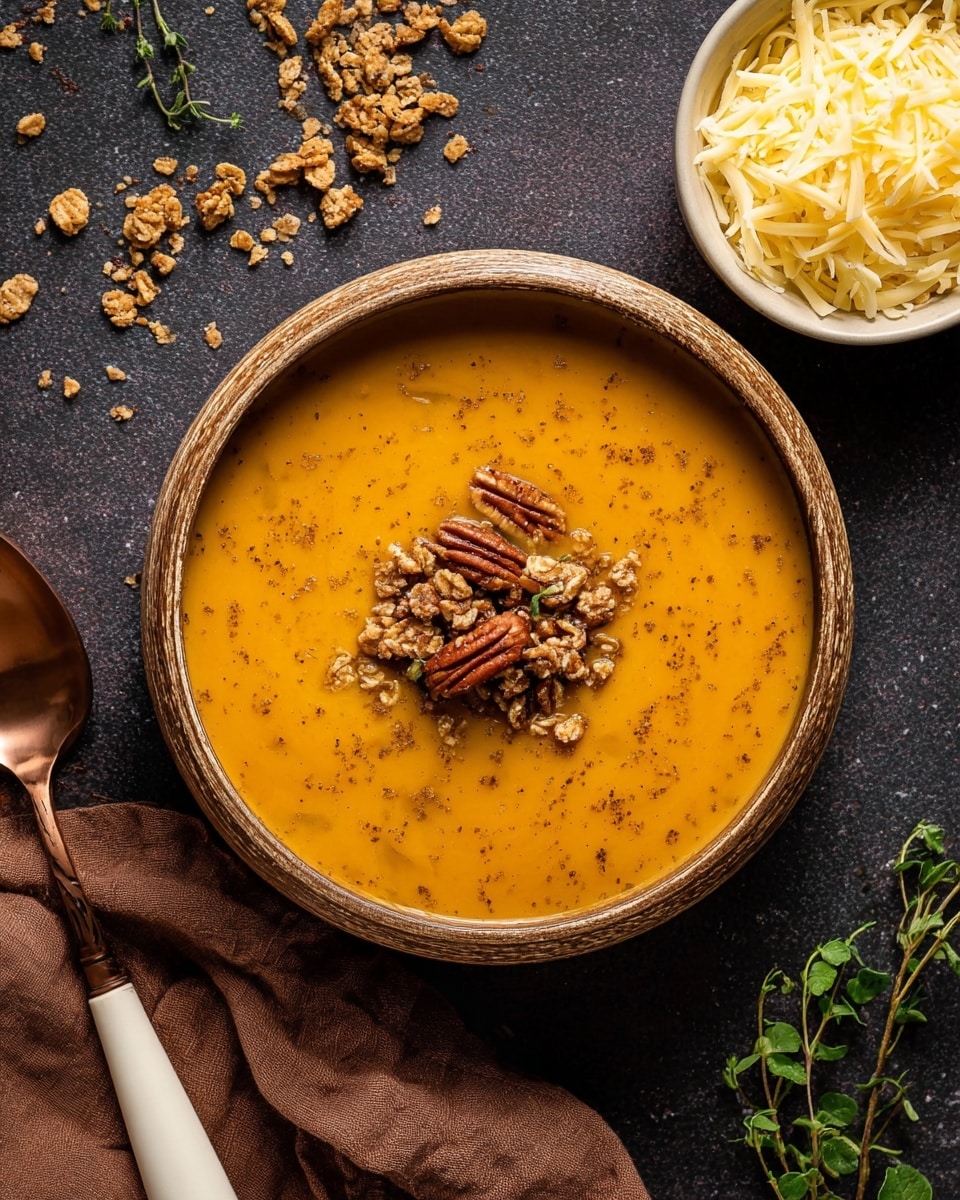 A bowl of smooth orange soup with specks of seasoning is topped with a small pile of crunchy pecans and oat clusters in the center. The soup sits in a round bowl with a wood-like texture. To the top right, there is a smaller white bowl filled with pale yellow shredded cheese. The background is a dark textured surface sprinkled with bits of granola and green herb sprigs. A copper spoon holding a white handle rests on a brown cloth at the lower left corner. photo taken with an iphone --ar 4:5 --v 7