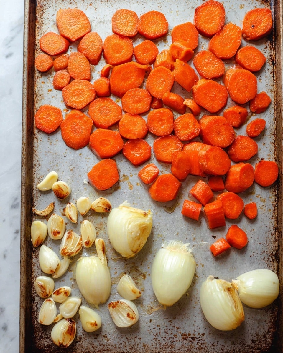 This image shows a sheet pan with three groups of roasted vegetables on a white marbled surface: a large group of bright orange carrot slices spread out across the top half, each slice with a soft texture and slightly caramelized edges; below the carrots, four pale, thick, quartered onion pieces with a soft, slightly browned surface; to the left of the onions, small roasted garlic cloves, limp and golden brown with some papery skins around them. The whole arrangement is rustic and ready to use in cooking. photo taken with an iphone --ar 4:5 --v 7