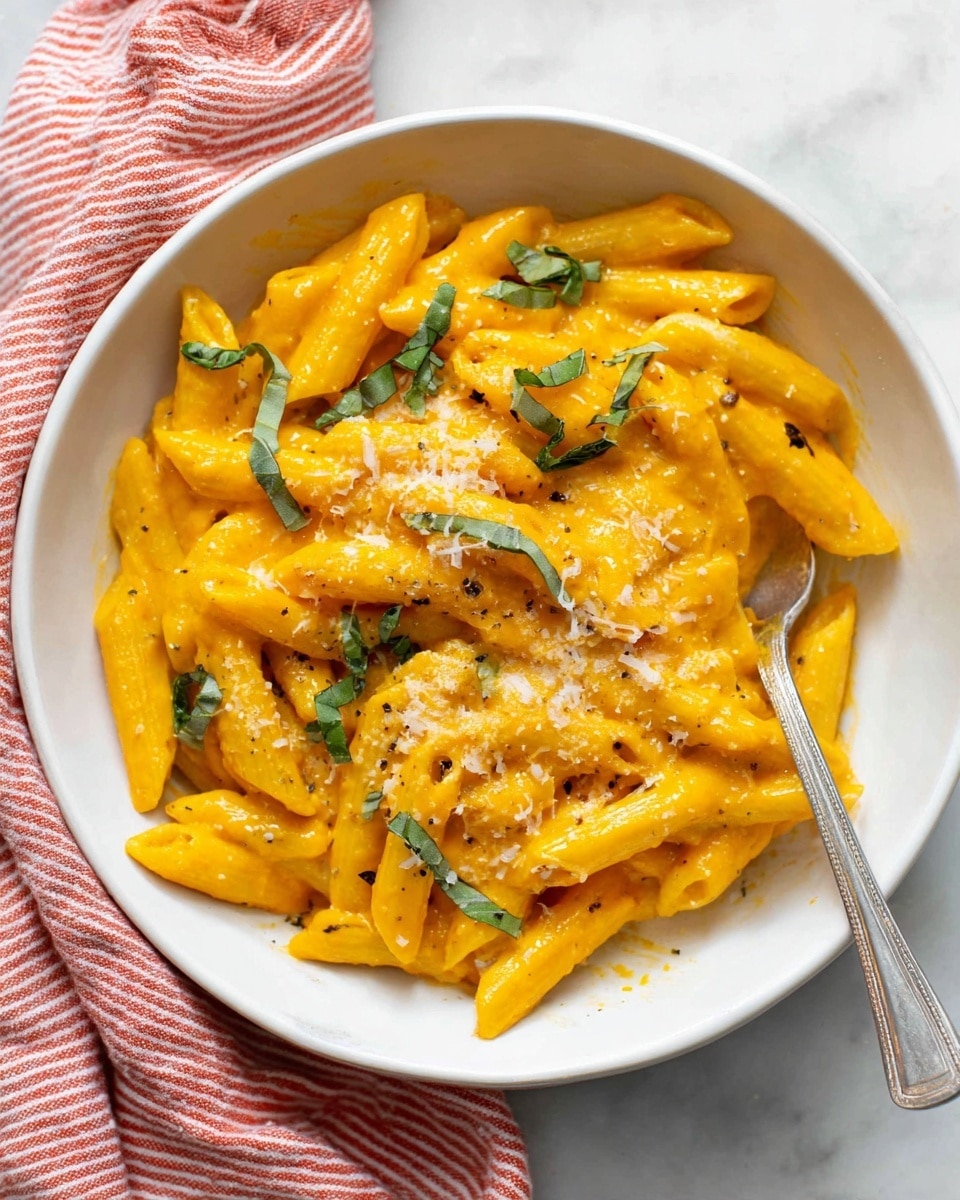 A white bowl holds about two layers of yellow creamy penne pasta mixed well with an orange sauce. On top of the pasta are light sprinkles of white grated cheese and thin green basil strips scattered around. A silver spoon is placed on the right side inside the bowl. The bowl sits on a white marbled surface with a red and white striped cloth partially visible near the top left corner. Photo taken with an iphone --ar 4:5 --v 7