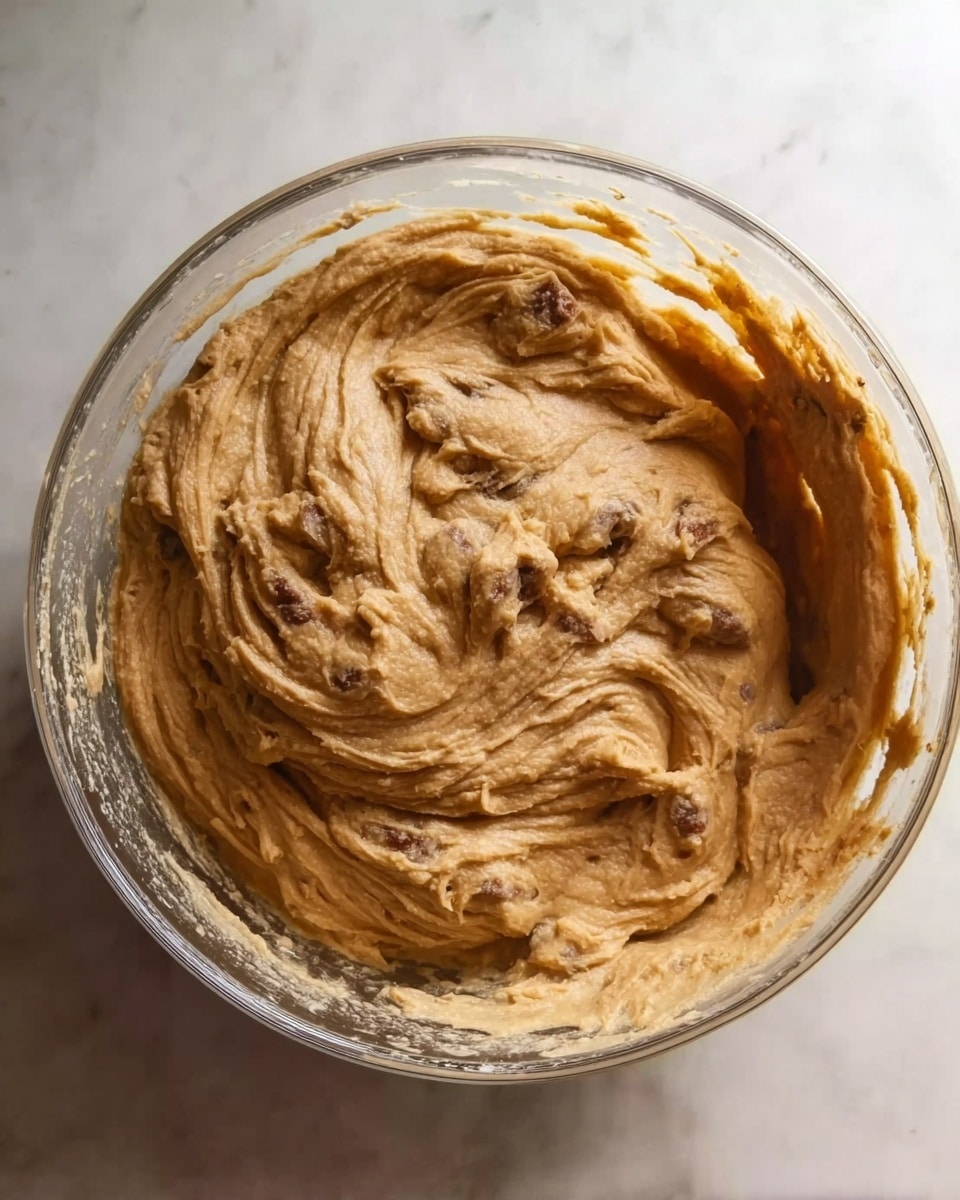 The image shows a top view of a glass bowl filled with thick, light brown batter mixed with darker chunks, creating a swirled texture. The batter has a creamy appearance with some uneven spots and soft folds. The bowl is placed on a white marbled surface, and no other objects or hands are visible. Photo taken with an iphone --ar 4:5 --v 7