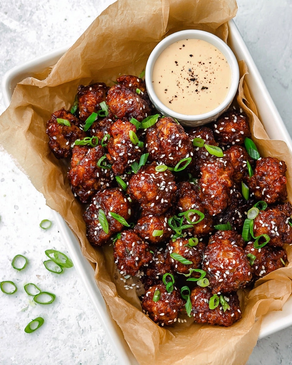 A white rectangular tray lined with light brown parchment paper holds many small, crispy, dark brown cauliflower bites coated in sticky sauce, sprinkled with white sesame seeds and chopped green onions scattered on top and around. To the upper right inside the tray is a small white round bowl filled with creamy beige dipping sauce that has specks of black pepper. The background has a white marbled texture. photo taken with an iphone --ar 4:5 --v 7