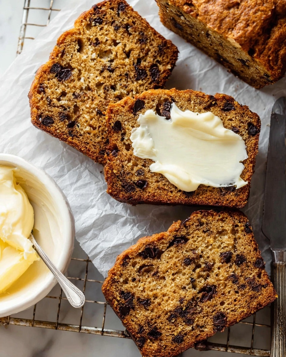 A close-up view of three slices of brown bread with dark chocolate chips inside, laid flat on white parchment paper on a cooling rack with part of the loaf visible on the right side. One slice in the center has a spread of melted butter with a smooth white and creamy texture on top. In the bottom left corner, there is a small white bowl filled with soft butter with a silver butter knife resting on it. The background is a white marbled surface photo taken with an iphone --ar 4:5 --v 7