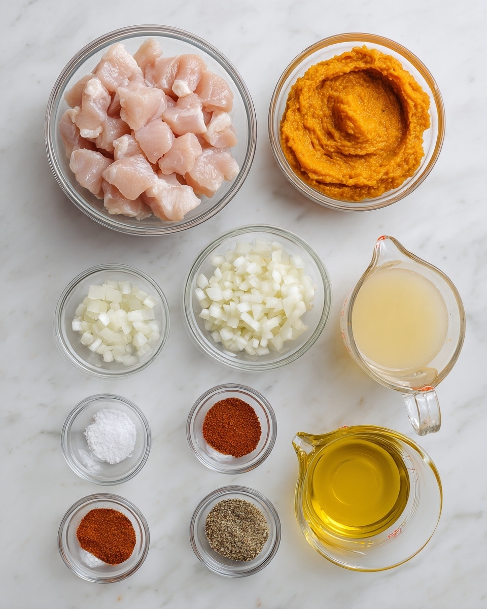 The image shows eleven clear glass bowls and a measuring cup arranged neatly on a white marbled surface. The top left bowl is full of pale pink, cubed raw chicken pieces, while the top right contains a thick dollop of bright orange puree, swirled evenly. Below the chicken bowl, there is a bowl filled with small, white diced onions. Next to it, a smaller bowl holds finely chopped garlic. To the right of the garlic, a clear measuring cup is filled with light yellow broth. Below that row, there are three small bowls containing ground spices: the left one holds reddish-brown chili powder, the middle one a tan colored powder, and the right one a darker brown powder. On the bottom row, there are three small bowls; the left one contains coarse white salt, the middle one holds cracked black pepper, and the right one is filled with golden-yellow olive oil. Photo taken with an iphone --ar 4:5 --v 7