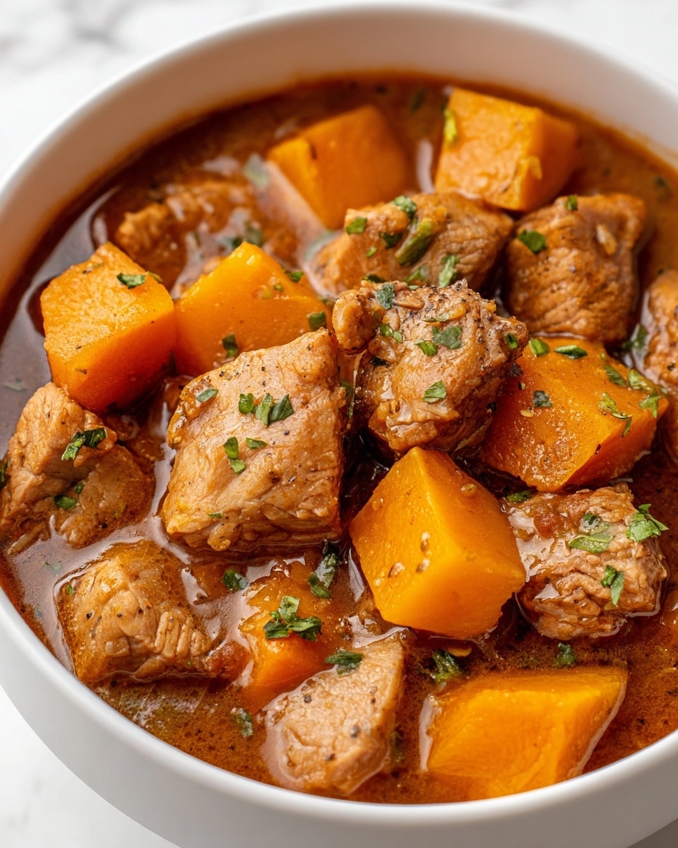 The image shows a white bowl filled with a thick brown stew. Inside the stew, there are many large cubes of light brown cooked meat mixed with bright orange chunks of vegetables, likely squash or sweet potato. The stew also has some small bits of green herbs sprinkled on top for color. The liquid looks rich and slightly shiny, covering the solid pieces evenly. The bowl sits on a white marbled surface. photo taken with an iphone --ar 4:5 --v 7