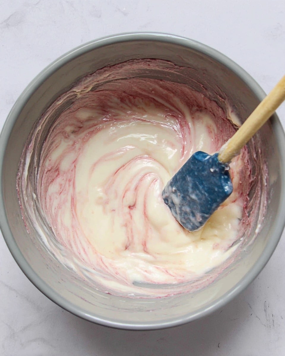A gray mixing bowl filled with a creamy white batter that has soft swirls of light pink running through it, giving a marbled effect. Inside the batter, a wooden spatula with a worn blue silicone head rests, partially covered in the mixture. The sides of the bowl show some streaks of the pink and white batter. The bowl is placed on a white marbled surface. photo taken with an iphone --ar 4:5 --v 7
