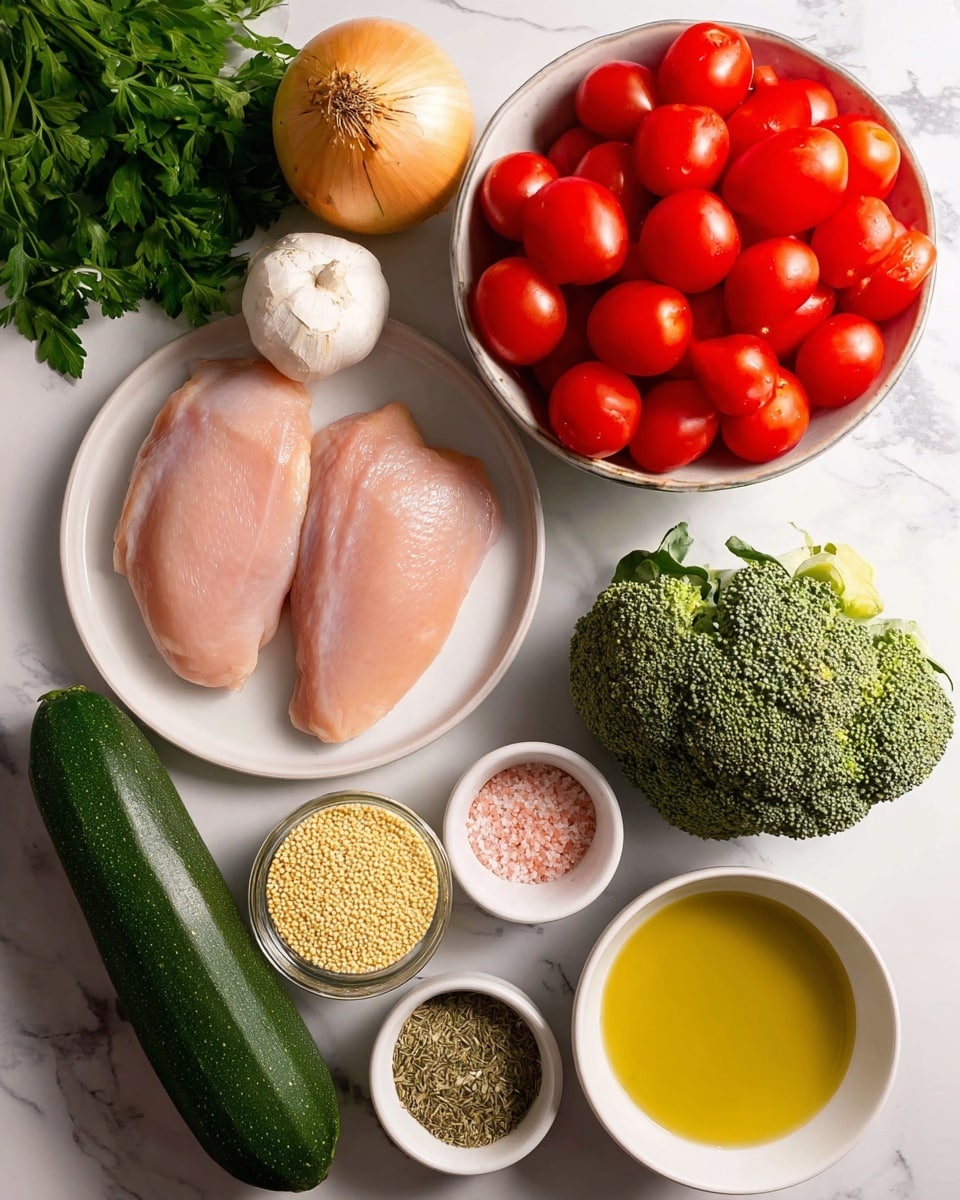 The image shows fresh ingredients arranged on a white marbled surface, featuring two pieces of raw chicken placed on a round white plate at the center-left. Above the chicken is a white bowl filled with bright red grape tomatoes. To the left of the bowl, there is a whole white onion and a whole head of garlic. Below the onion, a dark green zucchini extends downward, and beneath the plate of chicken, a large broccoli head adds green texture. On the right side are three small containers: a white measuring cup filled with light yellow grains, a small bowl with pink salt, and another with dried green herbs. At the bottom left, there is a small glass jar of golden olive oil, and a large white bowl filled with a yellow liquid is located at the bottom right. Fresh green parsley leaves are partially visible on the top left. Photo taken with an iphone --ar 4:5 --v 7