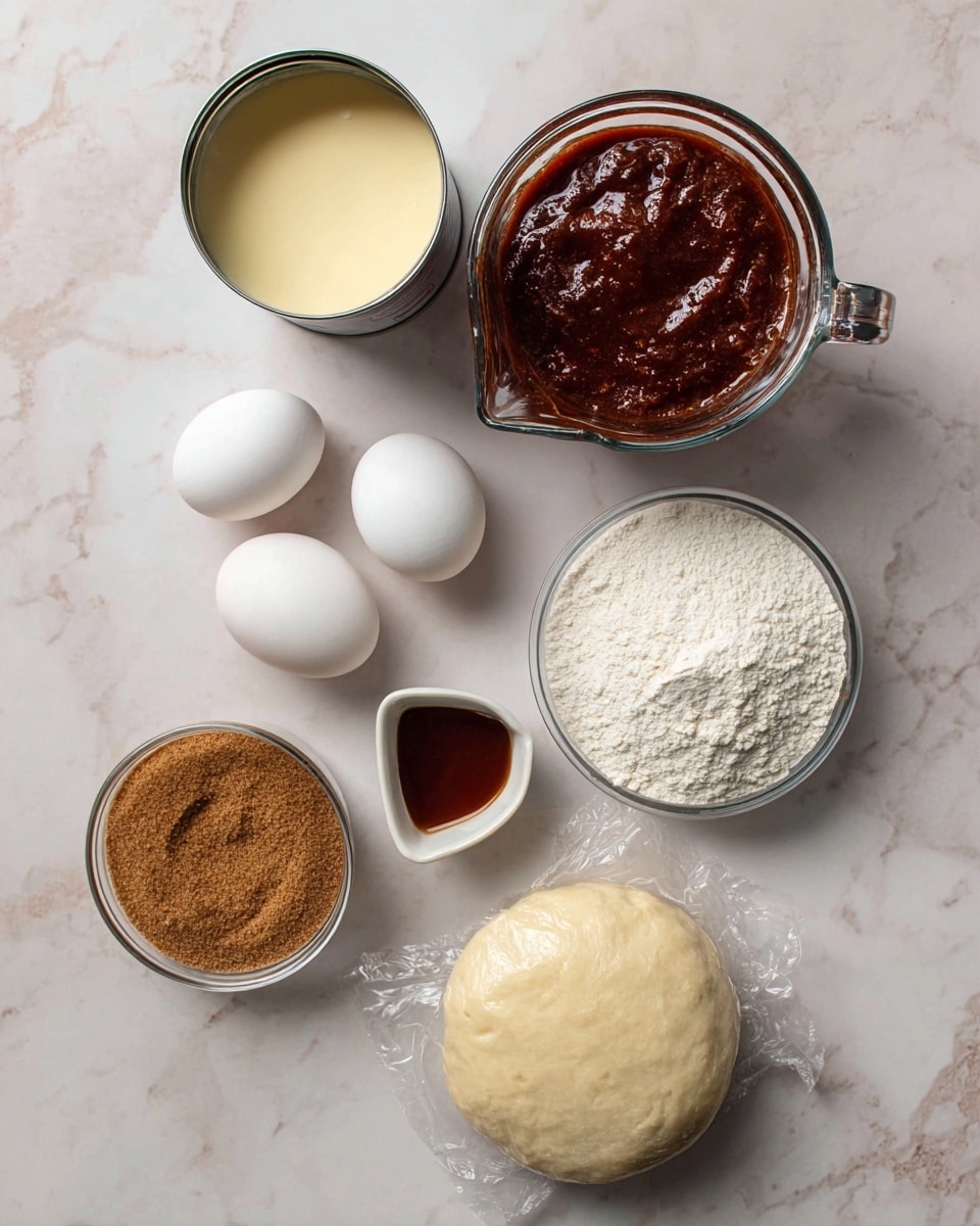 The image shows a cooking setup on a white marbled surface with seven main ingredients arranged neatly. At the top right, there is a glass measuring cup filled with thick, dark reddish-brown paste with a slightly chunky texture. To the left of it is a shiny opened can filled with smooth, creamy light yellow liquid. Below the can, three white eggs are placed close together with smooth shells. To the right of the eggs is a small white bowl filled with dark amber liquid, possibly vanilla extract. Nearby, a measuring cup holds a dense pile of packed brown sugar with a gritty texture, dark golden brown in color. Another measuring cup below it holds fine, white flour. At the bottom center, a round ball of dough wrapped in plastic wrap rests on the surface, showing a smooth and slightly uneven textured surface. photo taken with an iphone --ar 4:5 --v 7