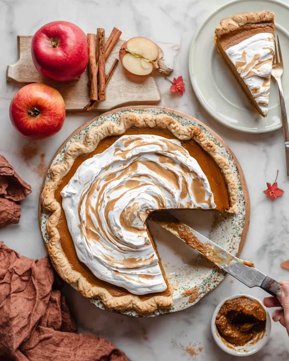 A round pie with a golden, flaky crust filled with smooth, dark orange pumpkin filling is shown on a white marbled surface. On top of the pie is a thick layer of white whipped topping swirled with light brown toasted spots, sitting mostly in the center and spreading outwards in a circular pattern. One large slice has been cut and placed on a white plate in the upper right corner, showing three clear layers: the crust at the bottom, pumpkin filling in the middle, and a thick whipped topping on top. Nearby are two red apples, a cinnamon stick, a wooden cutting board underneath the pie, and a small white bowl with a spoon holding a dark brown paste. A woman’s hand is holding a knife with some whipped topping residue near the bottom right. The scene is set on a white marbled surface photo taken with an iphone --ar 4:5 --v 7