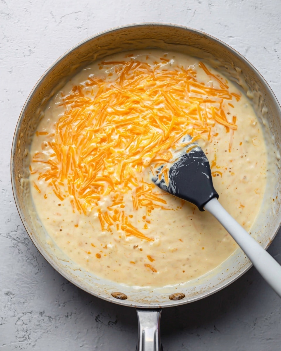 A cooking pan filled with a creamy, light beige sauce that has bright orange shredded cheese spread throughout, creating thin streaks and patches of orange on the surface. The sauce has a smooth, thick texture with small lumps and bubbles, and a black spatula with a white silicone tip is stirring it from the lower right side. The pan sits on a white marbled surface, showing a slight shine from the creamy mixture inside. photo taken with an iphone --ar 4:5 --v 7