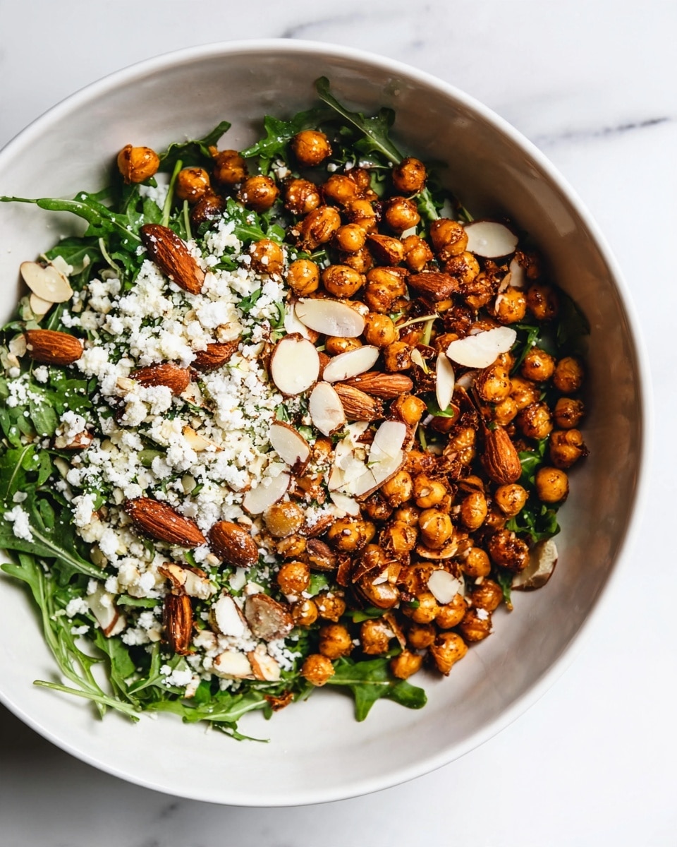 A white bowl holds a salad with three main layers: the bottom layer is green arugula leaves spread evenly, the middle layer has roasted chickpeas that are golden brown and round, scattered all over, and the top layer consists of coarse white cheese sprinkled lightly along with several almond pieces, some whole and some sliced, adding a brownish texture. The bowl is set on a white marbled surface, and the lighting is soft, highlighting the textures well. photo taken with an iphone --ar 4:5 --v 7