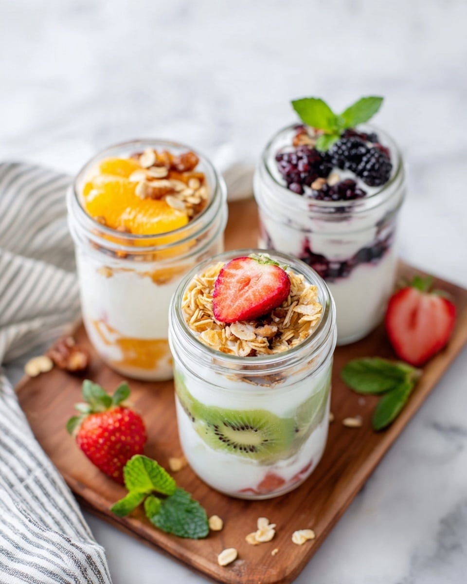 Three clear glass jars hold layered yogurt parfaits, placed on a wooden board on a white marbled surface. The jar in the front has layers of white yogurt with green kiwi pieces and red strawberry chunks, topped with a whole strawberry and kiwi slices. The jar to the left has white yogurt topped with golden-brown granola and orange slices. The jar in the back right contains white yogurt mixed with dark purple-blackberries, topped with blackberries and green mint leaves. Around the jars there are scattered fresh strawberries, kiwi halves, and mint leaves, with a striped white cloth visible on the bottom left. Photo taken with an iphone --ar 4:5 --v 7
