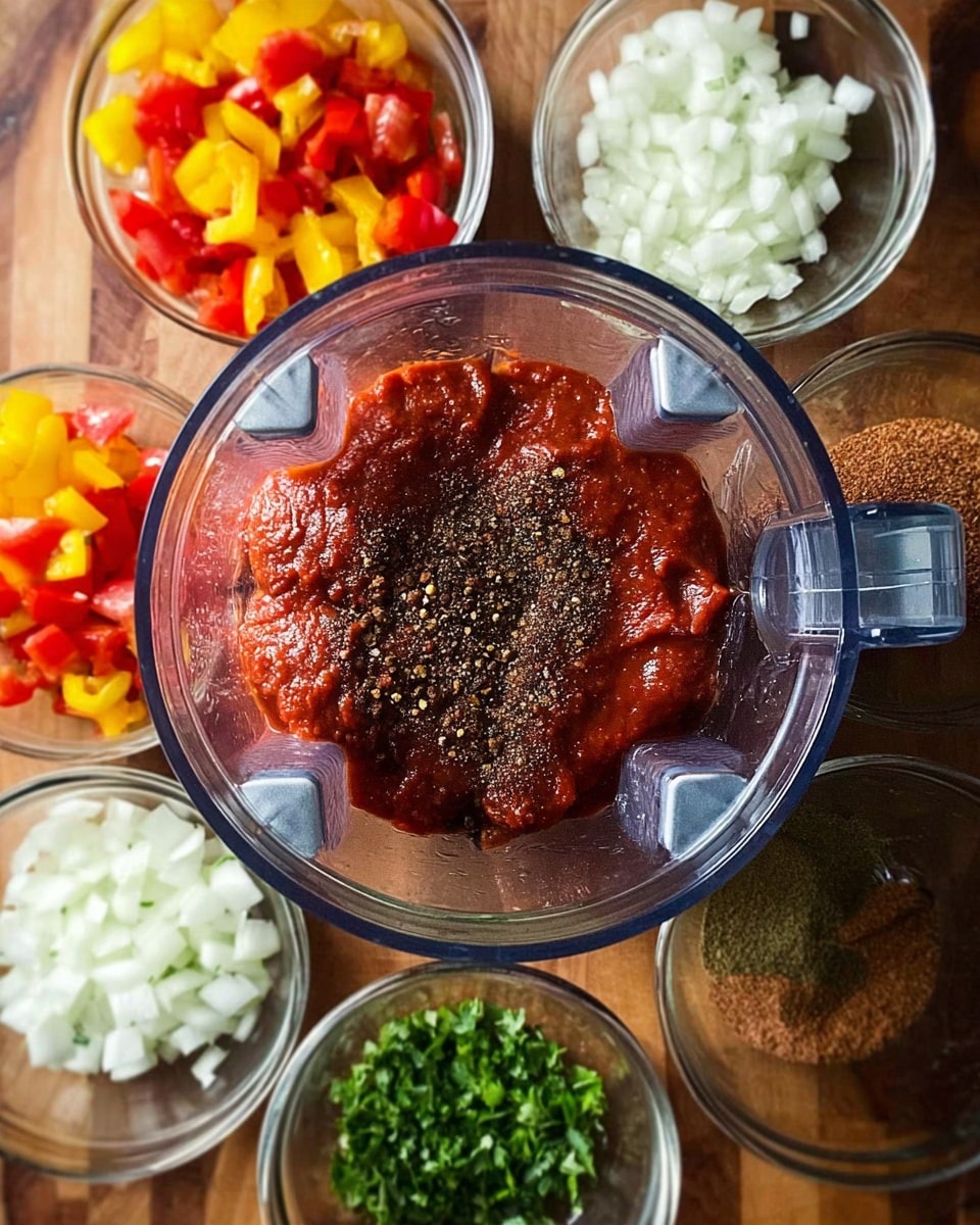 The image shows a clear blender container from above, inside it there is a layer of thick red tomato sauce with dark spices sprinkled on top. Surrounding the blender on a brown wooden surface, there are five glass bowls visible, each with different finely chopped ingredients: white onions, bright yellow and red bell peppers mixed, green herbs, finely ground brown spices or powder, and chopped green leafy herbs. The background is a white marbled texture. The photo taken with an iphone --ar 4:5 --v 7