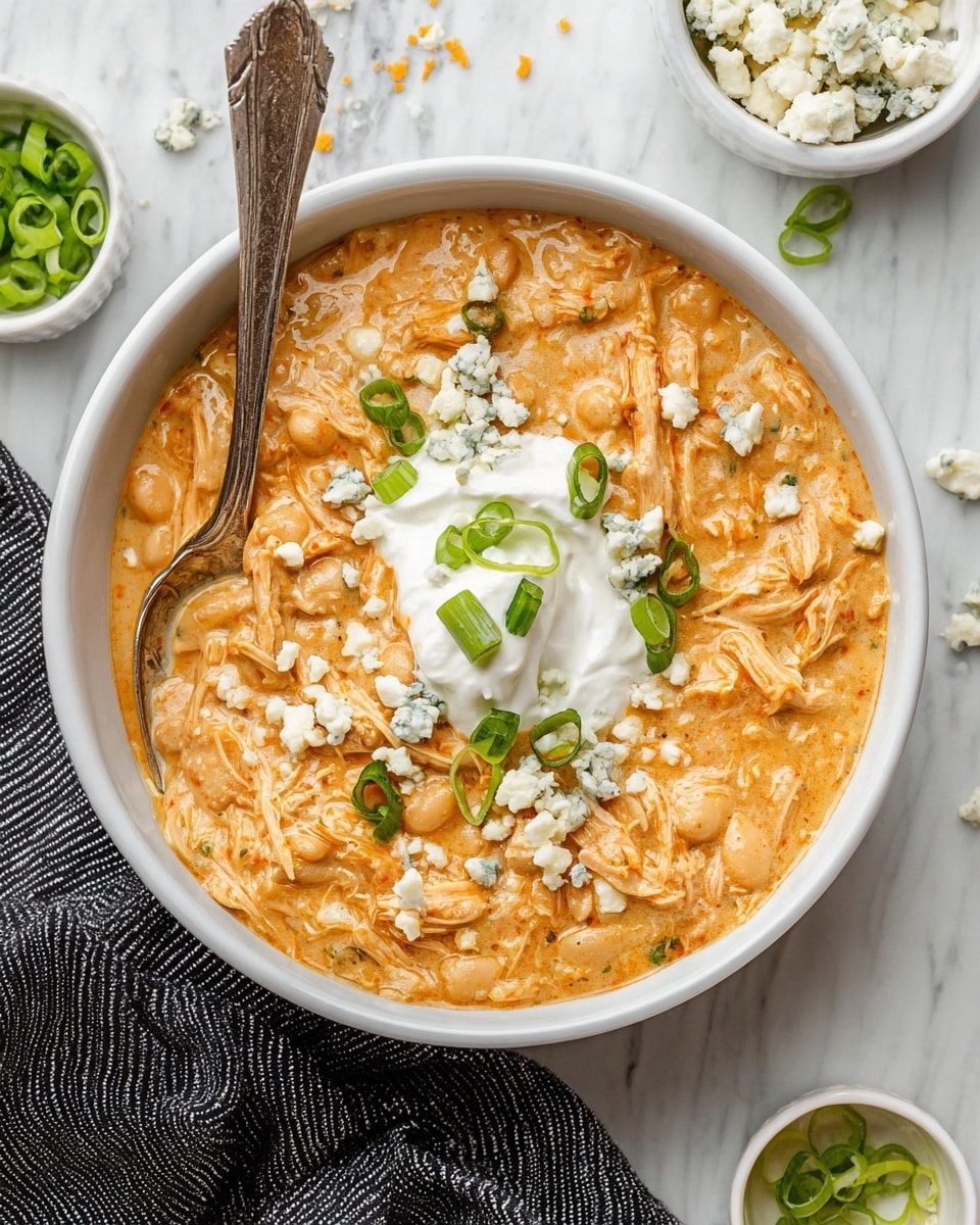 A white bowl filled with a creamy, light orange mixture of shredded chicken and white beans with a slightly thick texture. On top, there is a dollop of white sour cream at the center, decorated with slices of bright green scallions and small crumbles of white cheese with blue veins. A silver spoon is partially dipped into the food on the left side of the bowl, resting on the bowl’s edge. Around the bowl, there are garnishes in small white bowls, including sliced green scallions and cheese crumbles, all placed on a white marbled surface with a dark striped cloth near the bottom left corner. photo taken with an iphone --ar 4:5 --v 7