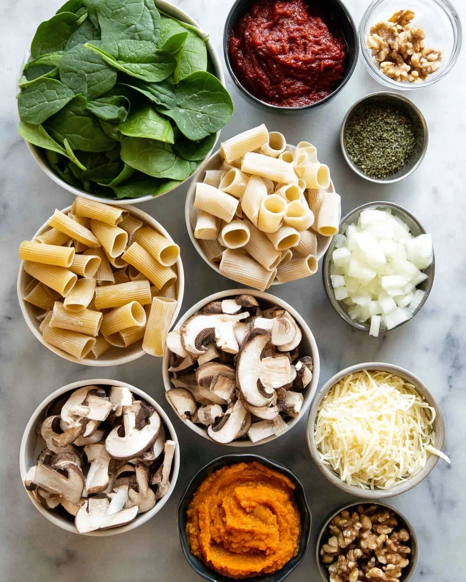 Several small white bowls are arranged on a white marbled surface, each filled with different ingredients. One bowl holds bright green fresh spinach leaves, another contains beige rigatoni pasta, and a third is filled with sliced brown and white mushrooms. A small bowl has chopped white onions, while another holds walnut pieces with a rough texture. There are also three tiny bowls: one has finely chopped garlic, one has a deep red paste with a smooth texture, and another has dried green herbs. A small black bowl contains shredded white cheese, and an open can reveals orange pumpkin puree. photo taken with an iphone --ar 4:5 --v 7