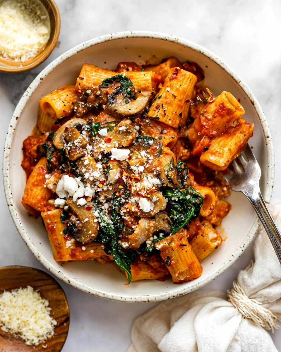 A white ceramic bowl filled with three main layers; the bottom layer consists of rigatoni pasta coated in a thick red tomato sauce, the middle layer shows cooked spinach leaves and sautéed mushrooms with a soft, slightly browned texture, and the top layer is sprinkled with white grated cheese and small red chili flakes. A silver fork is placed on the right side of the bowl, partially holding some rigatoni. The bowl is set on a white marbled texture surface with a small brown bowl of grated cheese in the lower left corner and a white cloth with a tied string in the lower right corner. Photo taken with an iphone --ar 4:5 --v 7