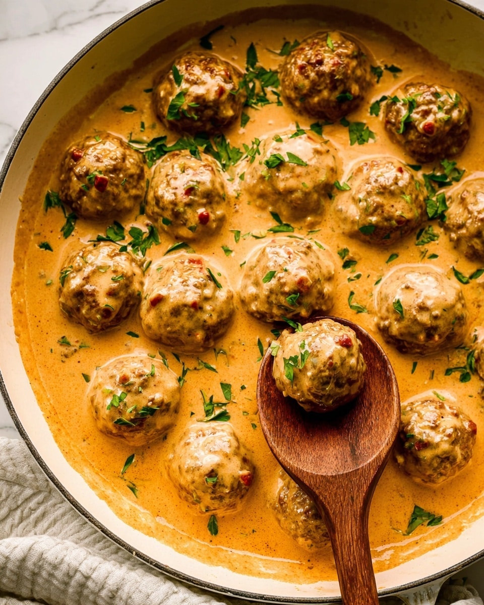 The image shows about fifteen round meatballs covered in a thick, creamy orange sauce with small red and white bits inside. The meatballs are arranged close to each other in a white pan, with some finely chopped green herbs sprinkled on top. A wooden spoon is lifting one meatball on the right side of the pan. The pan sits on a white marbled surface with a light cloth napkin partly visible under the pan. photo taken with an iphone --ar 4:5 --v 7