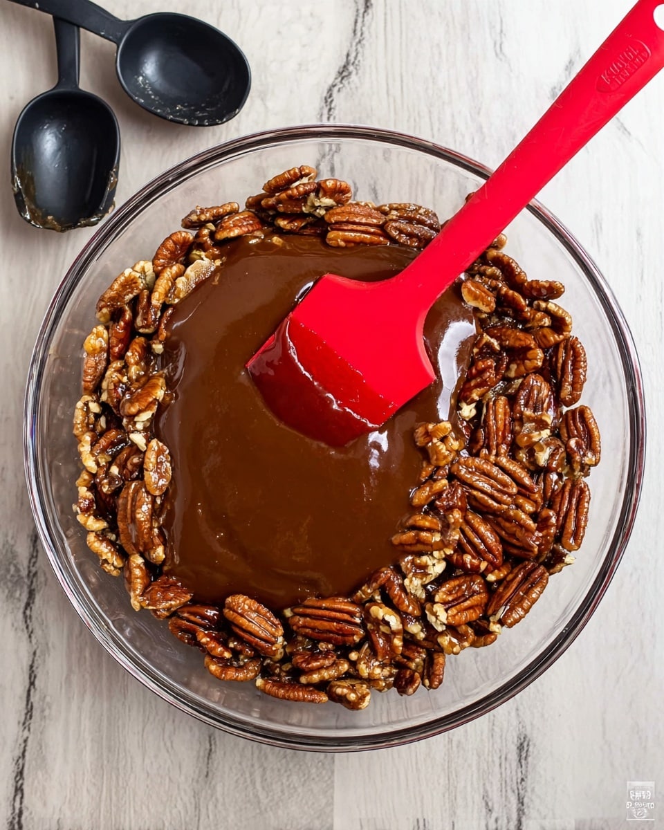 A clear glass bowl sits on a white marbled surface, filled with a thick layer of brown pecans, arranged evenly across the bottom. On top of the pecans, there is a glossy, dark brown liquid being poured and spread with a bright red silicone spatula. The spatula is positioned diagonally from the bottom left, partially submerged in the liquid, which looks smooth and shiny, covering half of the pecans. In the top left corner of the image, black measuring spoons are placed on the white marbled surface with their bowls facing up. Photo taken with an iphone --ar 4:5 --v 7