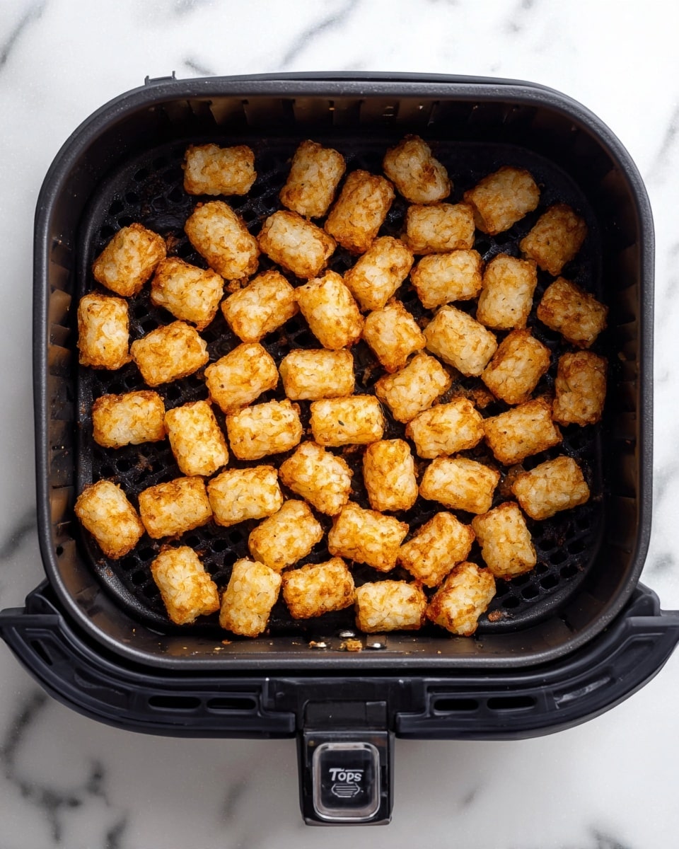The image shows a black air fryer basket filled with golden-brown tater tots spread evenly on the bottom. Each tater tot is crisp with a textured surface and a light to medium golden color, with some darker browned spots, creating a crunchy appearance. The basket has a square shape with rounded edges and small holes on the bottom for air circulation. The background is a white marbled surface. photo taken with an iphone --ar 4:5 --v 7